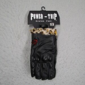 Power Trip Black Widow Leather Motorcycle Gloves Leopard Fur Trim 646-0005 L/XL